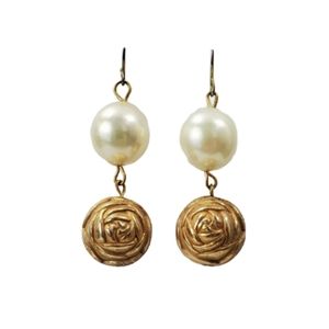 Vintage Drop Off White Round Faux Pearl Earrings Rose Beads